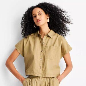 Women's Future Collective Cap Sleeve V Neck Button Down Tan Shirt XL NWT